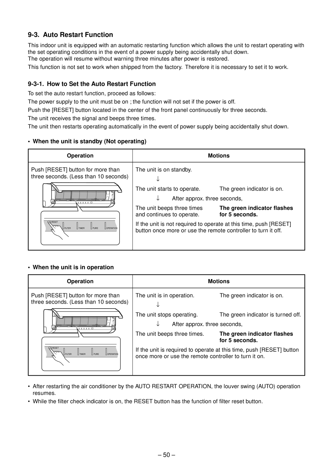 Toshiba RAS-10SAVP-E, RAS-B13SKVP-E How to Set the Auto Restart Function, 50, • When the unit is standby Not operating 