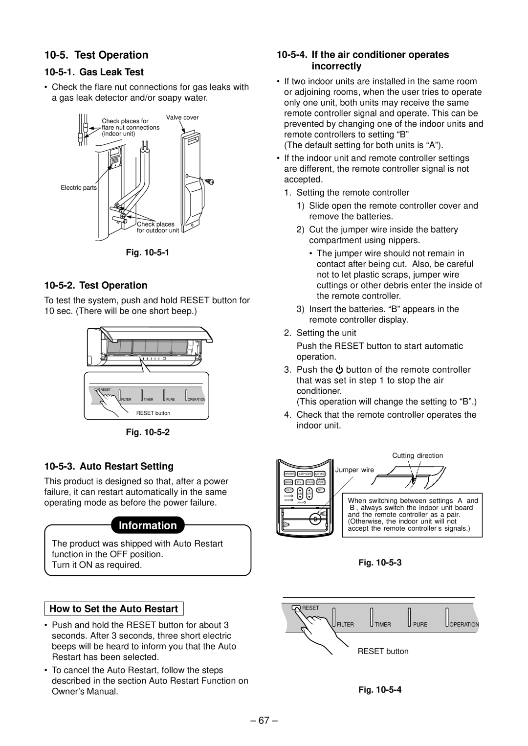Toshiba RAS-B10SKVP-E Information, Gas Leak Test, Test Operation, Auto Restart Setting, How to Set the Auto Restart 