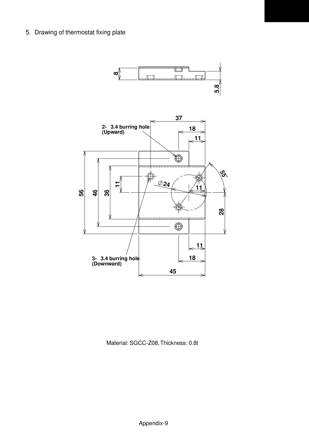 Toshiba RAS-B16GKVP-E, RAS-B13GKVP-E Drawing of thermostat fixing plate, Material SGCC-Z08, Thickness 0.8t Appendix-9 