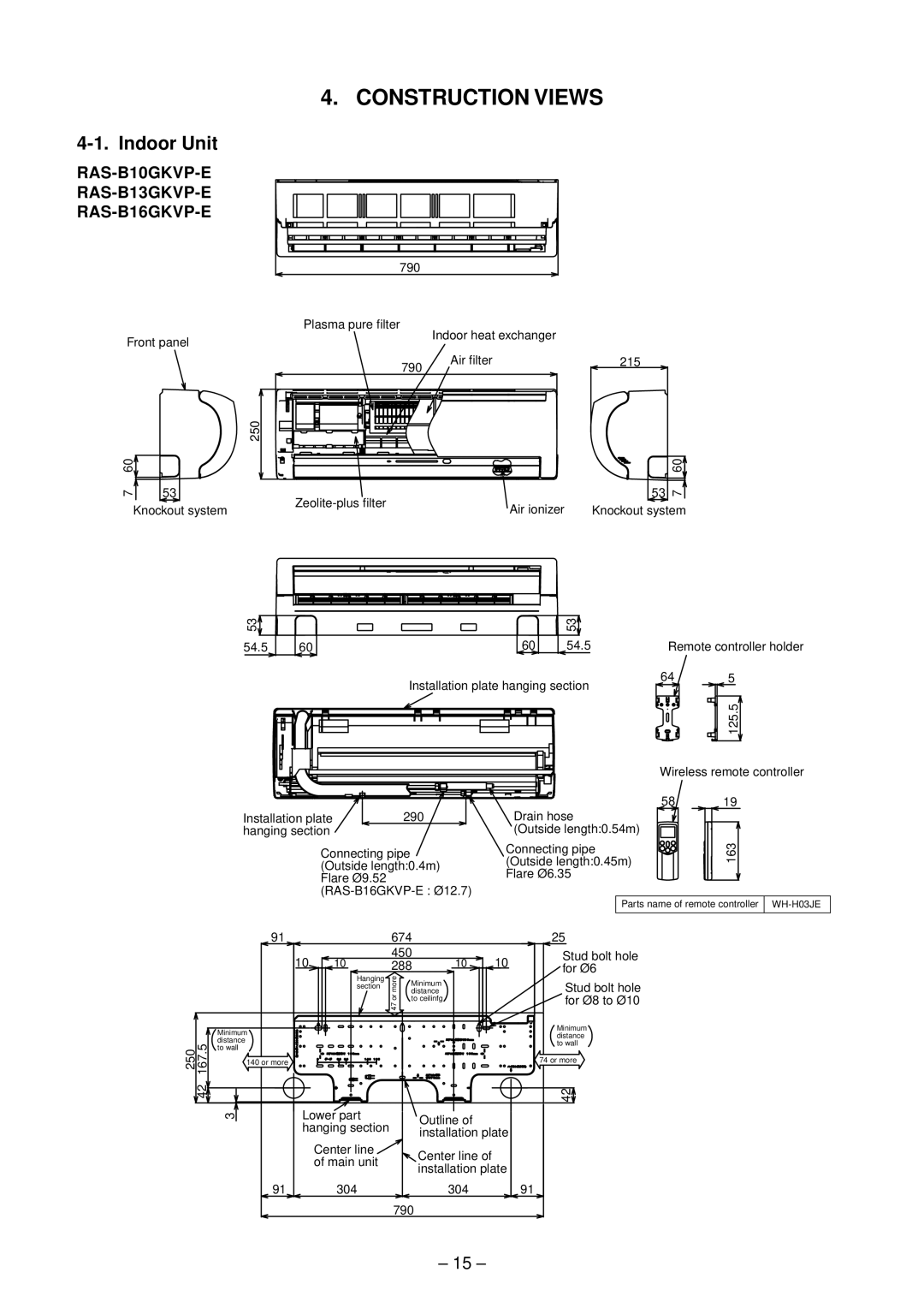 Toshiba RAS-13GAVP-E, RAS-B16GKVP-E, RAS-B13GKVP-E, RAS-B10GKVP-E, RAS-16GAVP-E, RAS-10GAVP-E Construction Views, Indoor Unit 