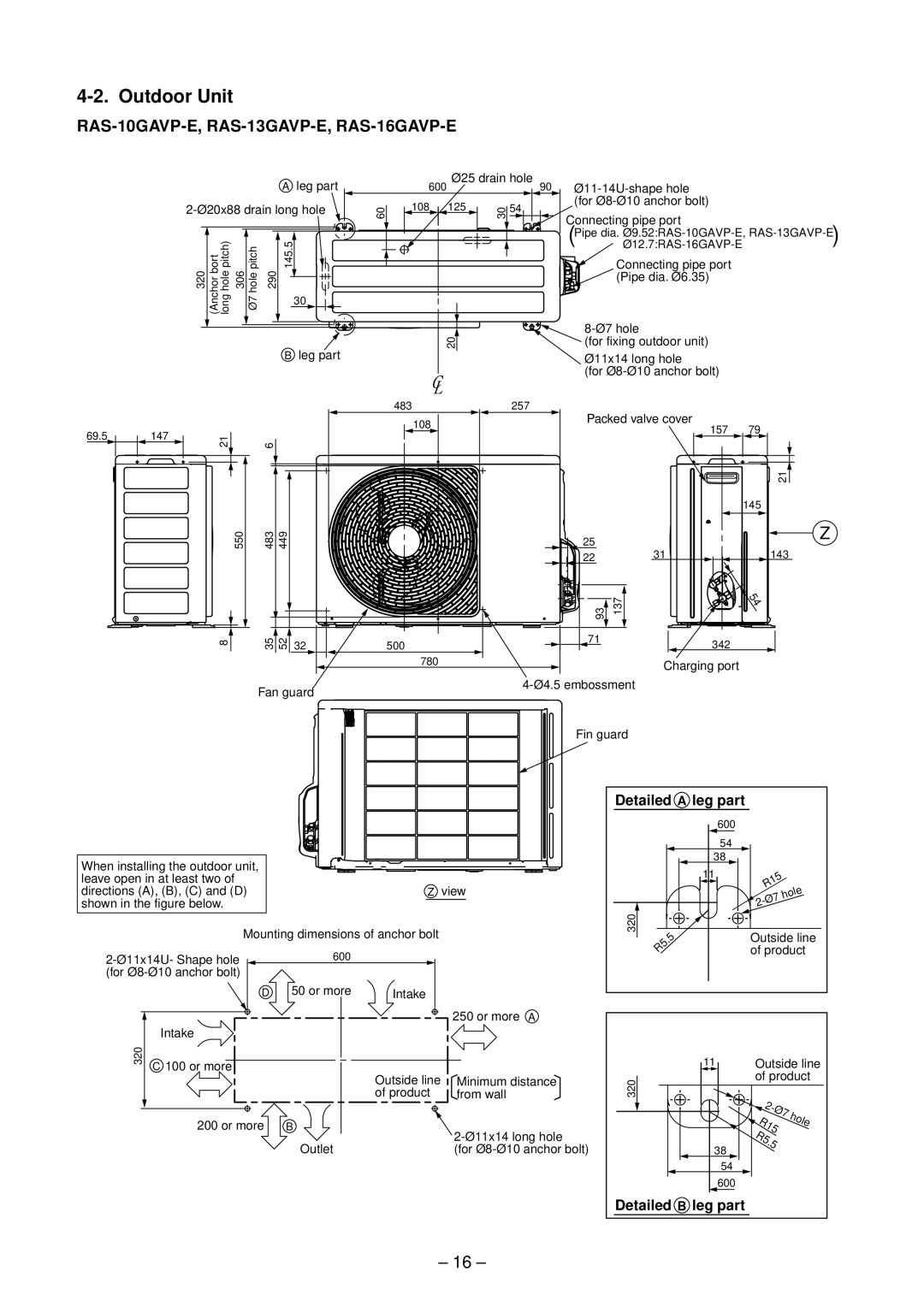 Toshiba RAS-16GAVP-E, RAS-B16GKVP-E, RAS-B13GKVP-E, RAS-B10GKVP-E Outdoor Unit, Detailed a leg part, Detailed B leg part 