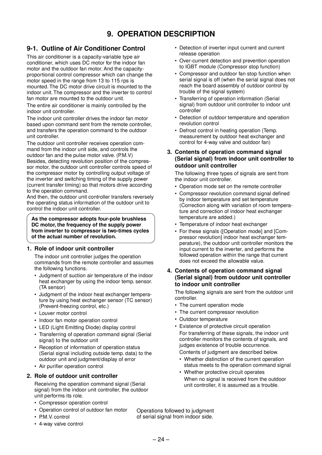 Toshiba RAS-B16GKVP-E Operation Description, Outline of Air Conditioner Control, Role of indoor unit controller 