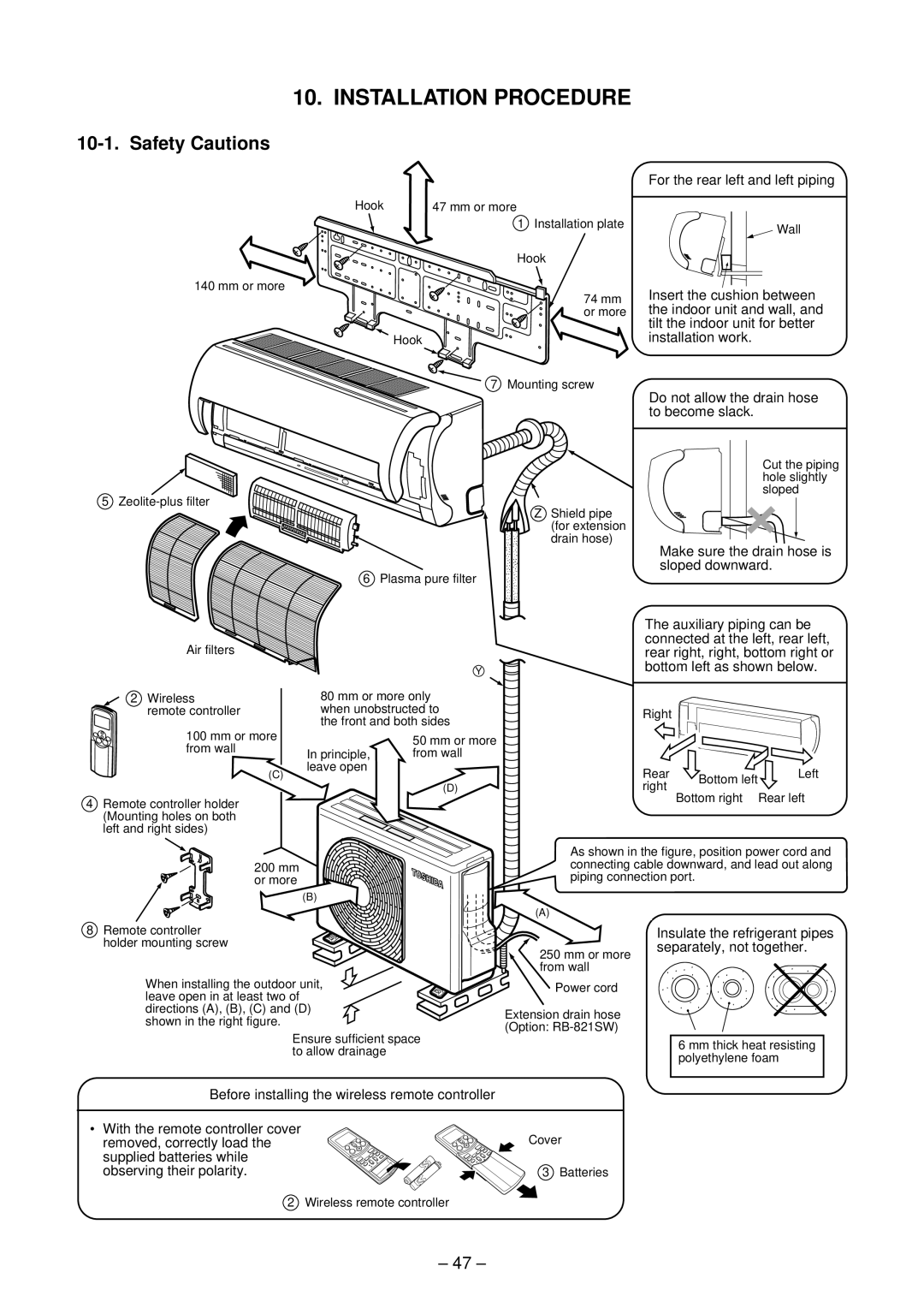 Toshiba RAS-10GAVP-E, RAS-B16GKVP-E, RAS-B13GKVP-E, RAS-B10GKVP-E, RAS-13GAVP-E Installation Procedure, Safety Cautions 