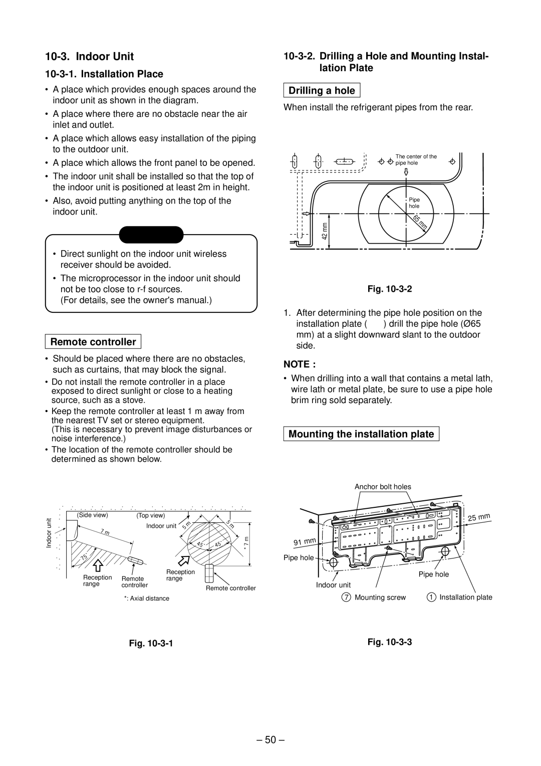 Toshiba RAS-B10GKVP-E, RAS-B16GKVP-E, RAS-B13GKVP-E Installation Place, Remote controller, Mounting the installation plate 