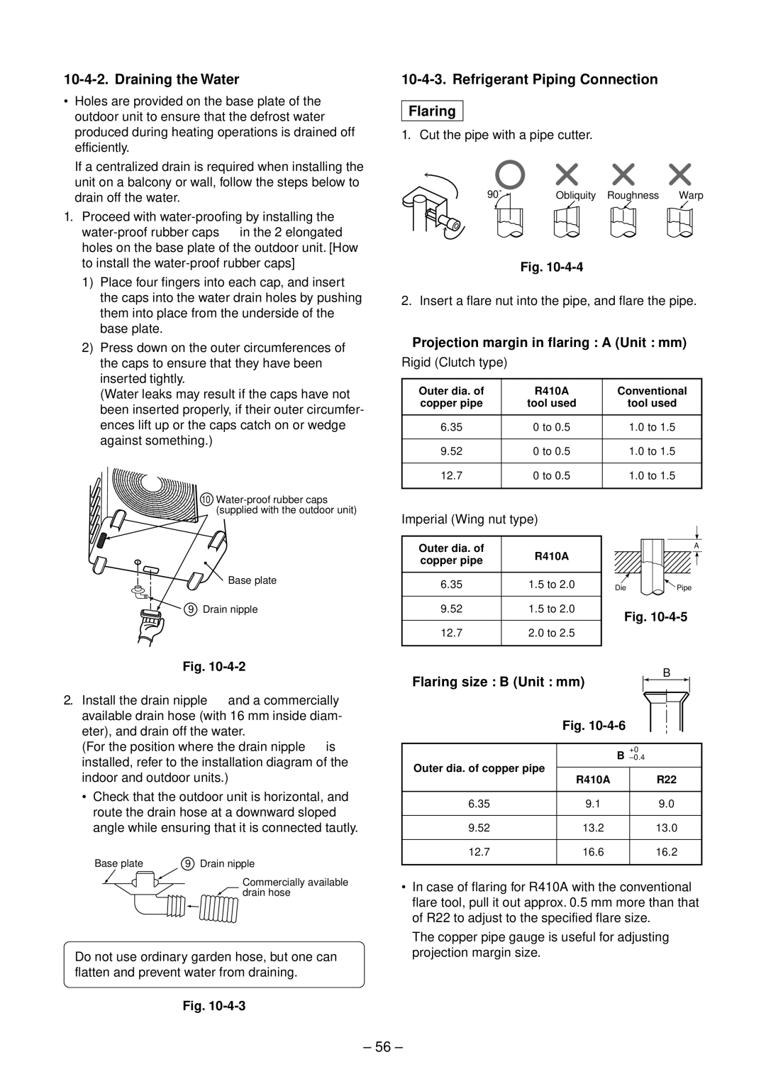 Toshiba RAS-B10GKVP-E Draining the Water, Refrigerant Piping Connection Flaring, Projection margin in flaring a Unit mm 