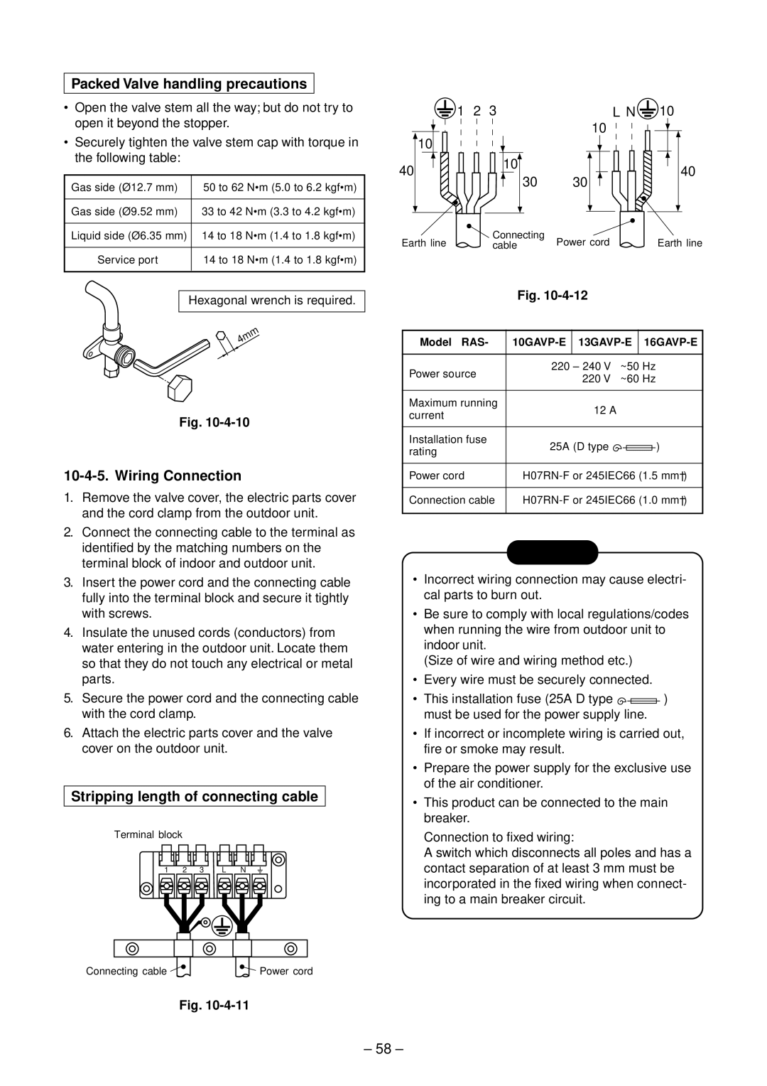 Toshiba RAS-16GAVP-E Packed Valve handling precautions, Wiring Connection, Stripping length of connecting cable, Model RAS 