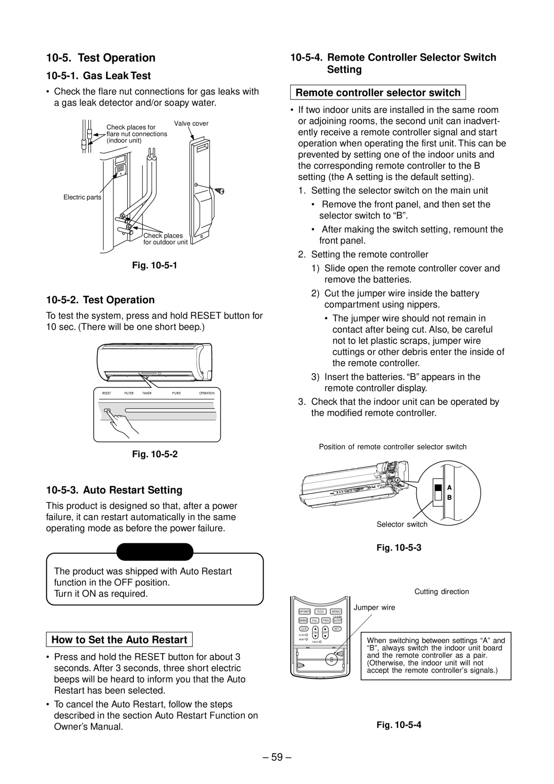 Toshiba RAS-10GAVP-E, RAS-B16GKVP-E Test Operation, Gas Leak Test, Auto Restart Setting, How to Set the Auto Restart 