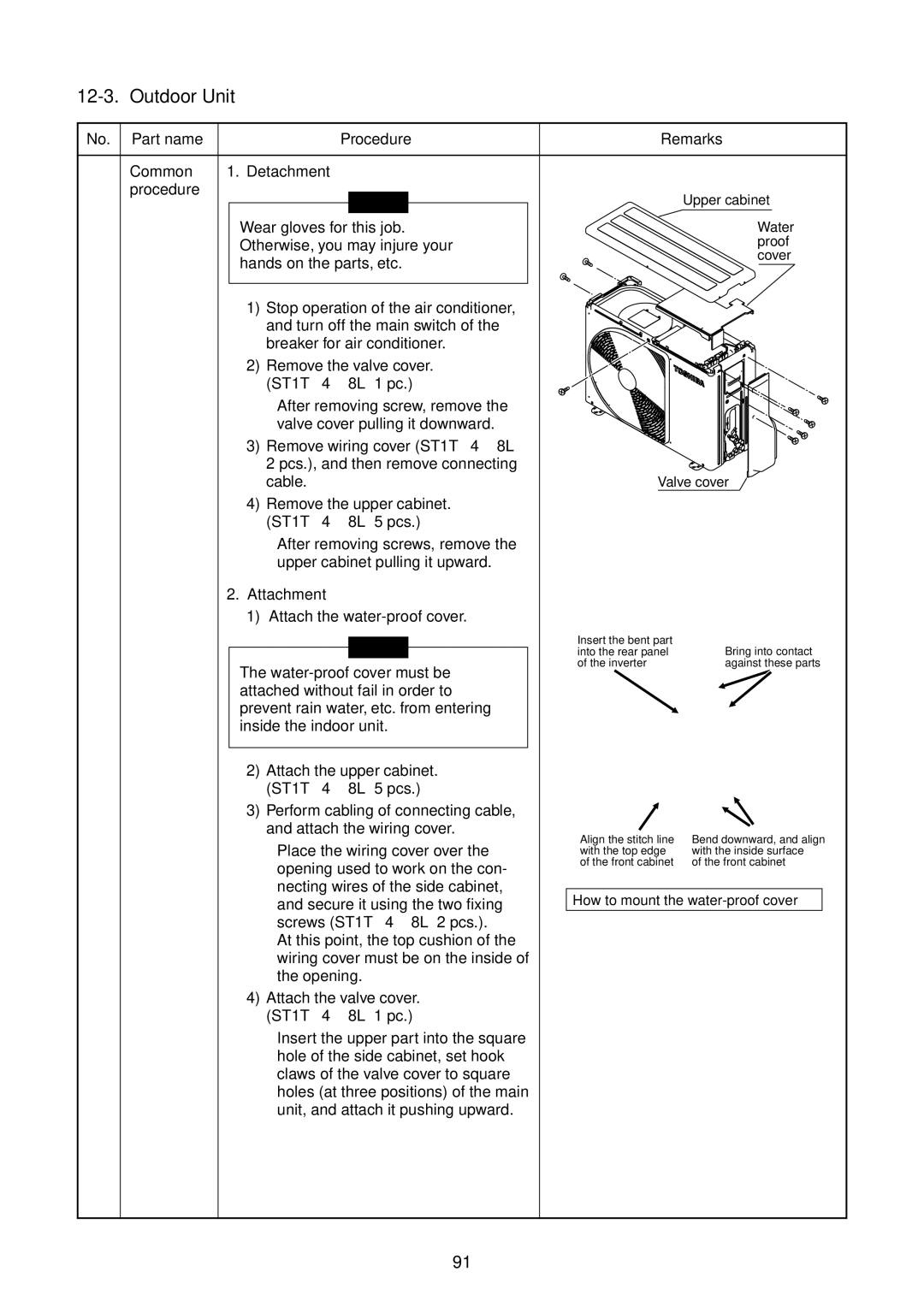 Toshiba RAS-B13GKVP-E Wear gloves for this job, Otherwise, you may injure your, Hands on the parts, etc, Attachment 