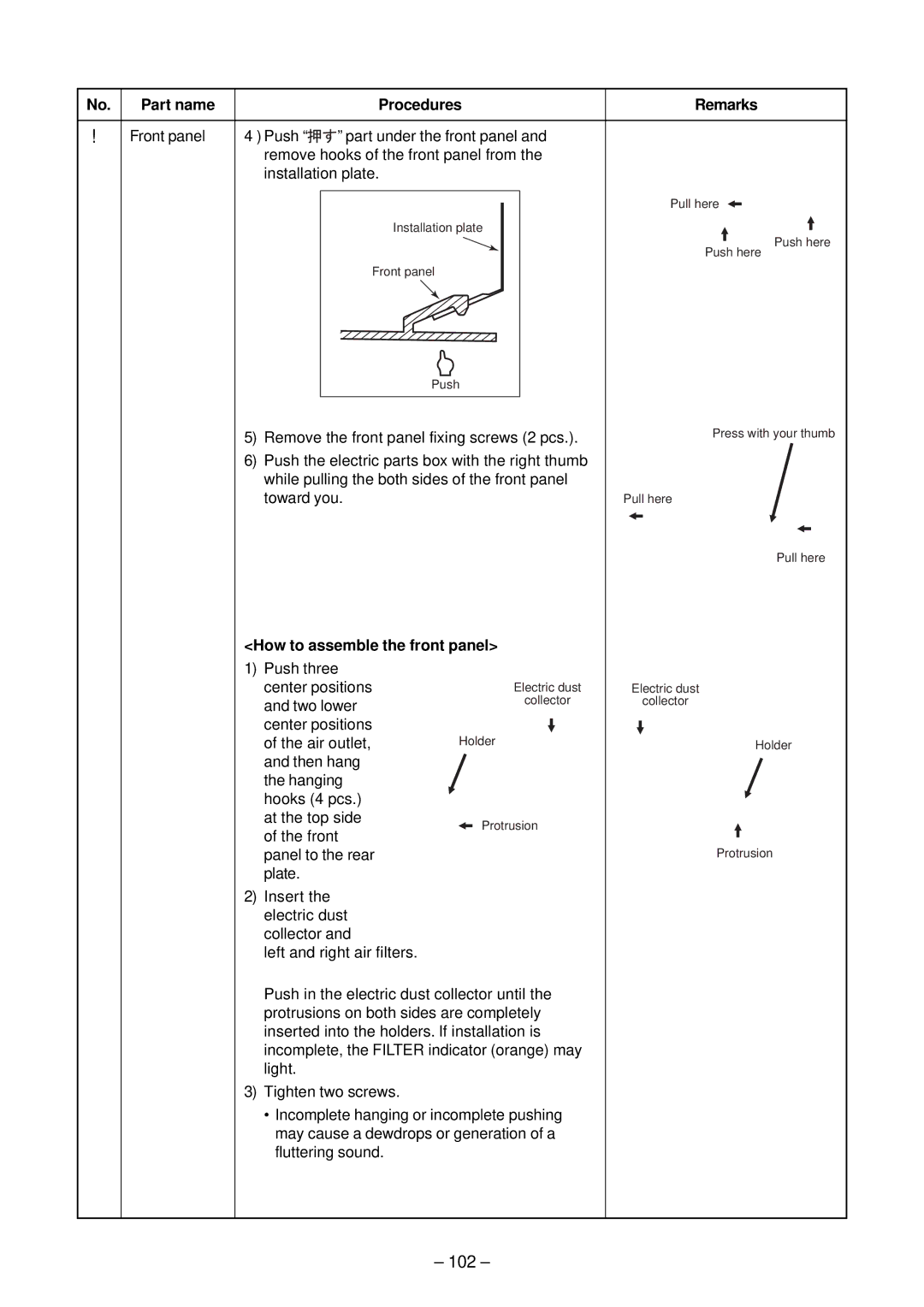 Toshiba RAS-M16EKCVP-E, RAS-M13EKCVP-E, RAS-M18EACV-E, RAS-M14EACV-E, RAS-M10EKCVP-E 102, How to assemble the front panel 