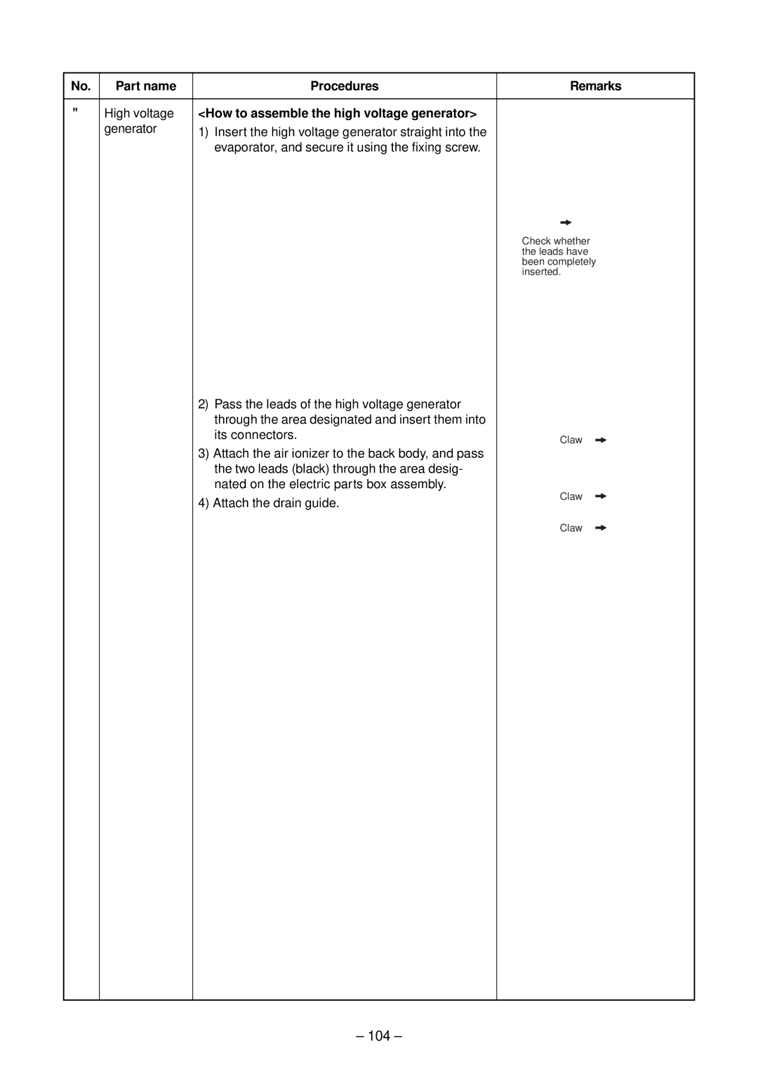 Toshiba RAS-M18EAV-E 104, No. Part name Procedures, High voltage How to assemble the high voltage generator, Remarks 