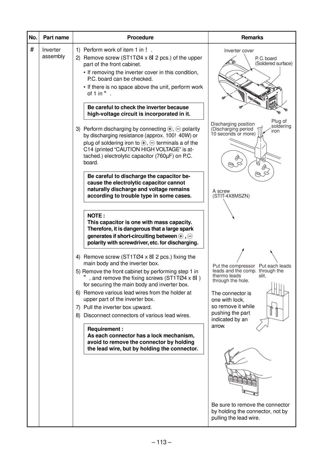 Toshiba RAS-M18EAV-E, RAS-M13EKCVP-E 113, No. Part name Procedure Remarks, According to trouble type in some cases 