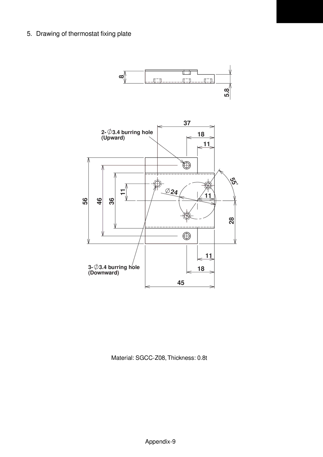 Toshiba RAS-B10EKVP-E, RAS-M13EKCVP-E Drawing of thermostat fixing plate, Material SGCC-Z08, Thickness 0.8t Appendix-9 