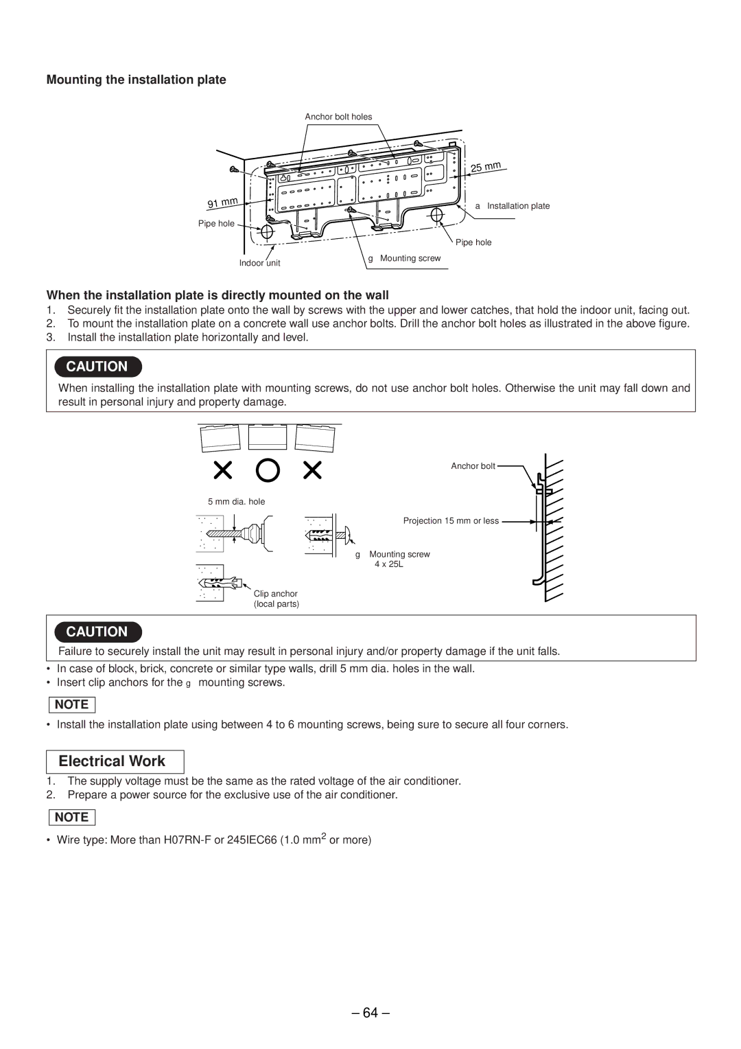 Toshiba RAS-M18EACV-E, RAS-M13EKCVP-E, RAS-M14EACV-E, RAS-M16EKCVP-E Electrical Work, Mounting the installation plate 