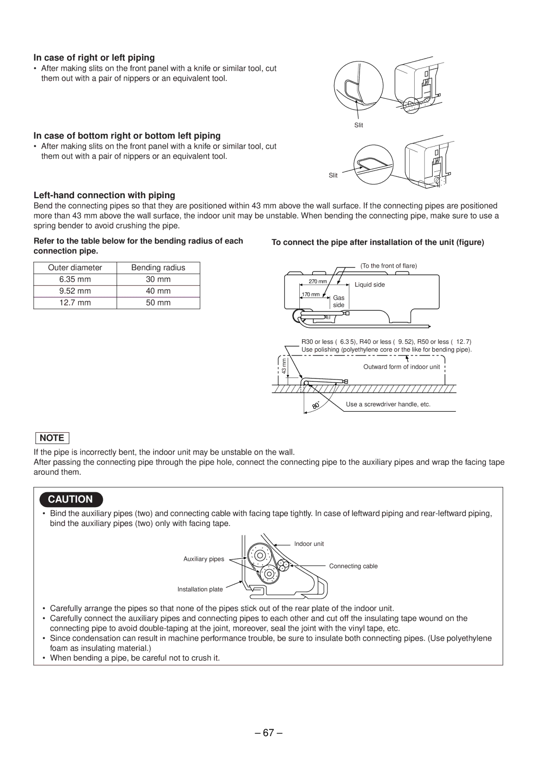 Toshiba RAS-M10EKCVP-E, RAS-M13EKCVP-E Case of right or left piping, Case of bottom right or bottom left piping, 12.7 mm 