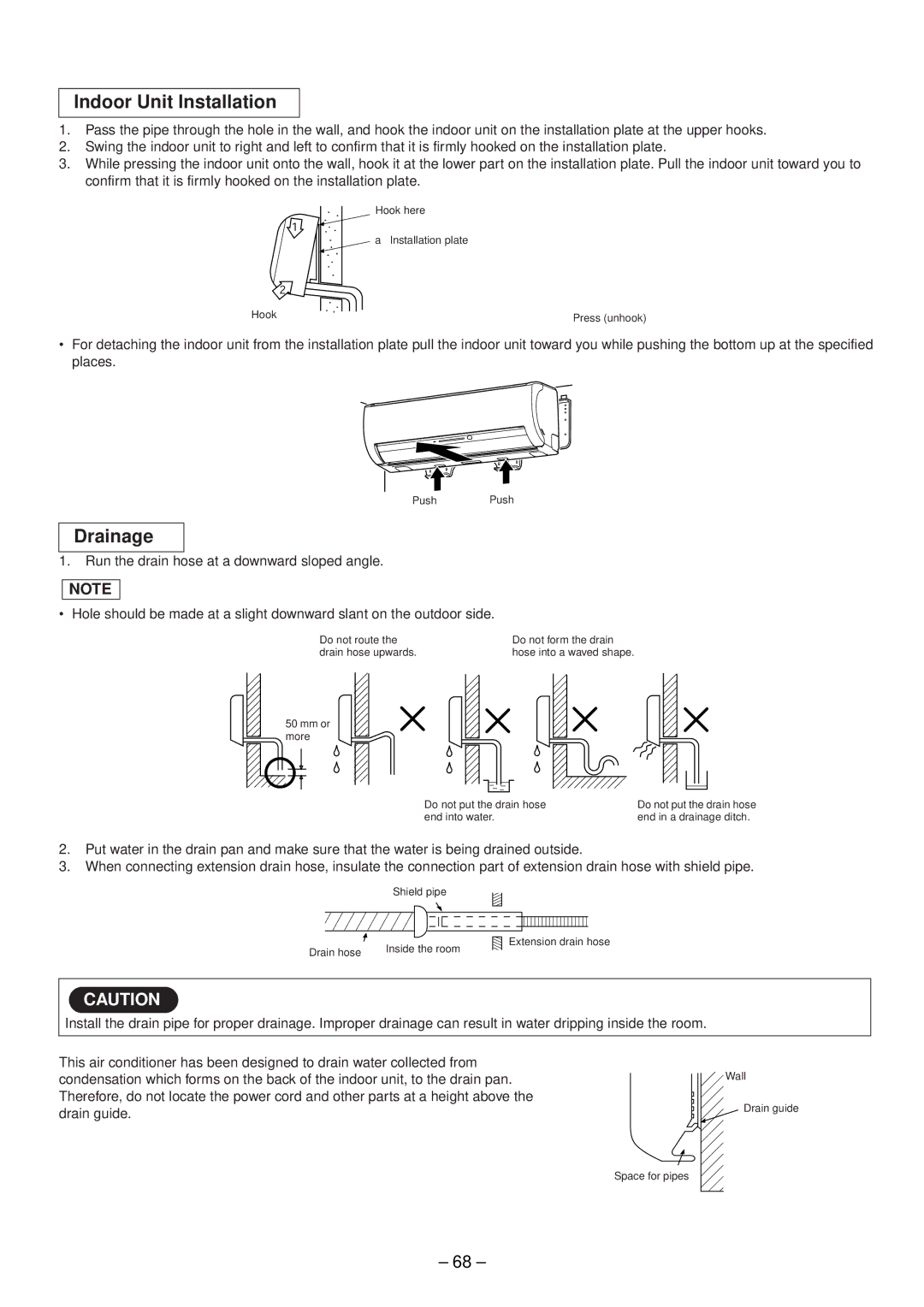 Toshiba RAS-M18EAV-E, RAS-M13EKCVP-E, RAS-M18EACV-E, RAS-M14EACV-E, RAS-M16EKCVP-E Indoor Unit Installation, Drainage 