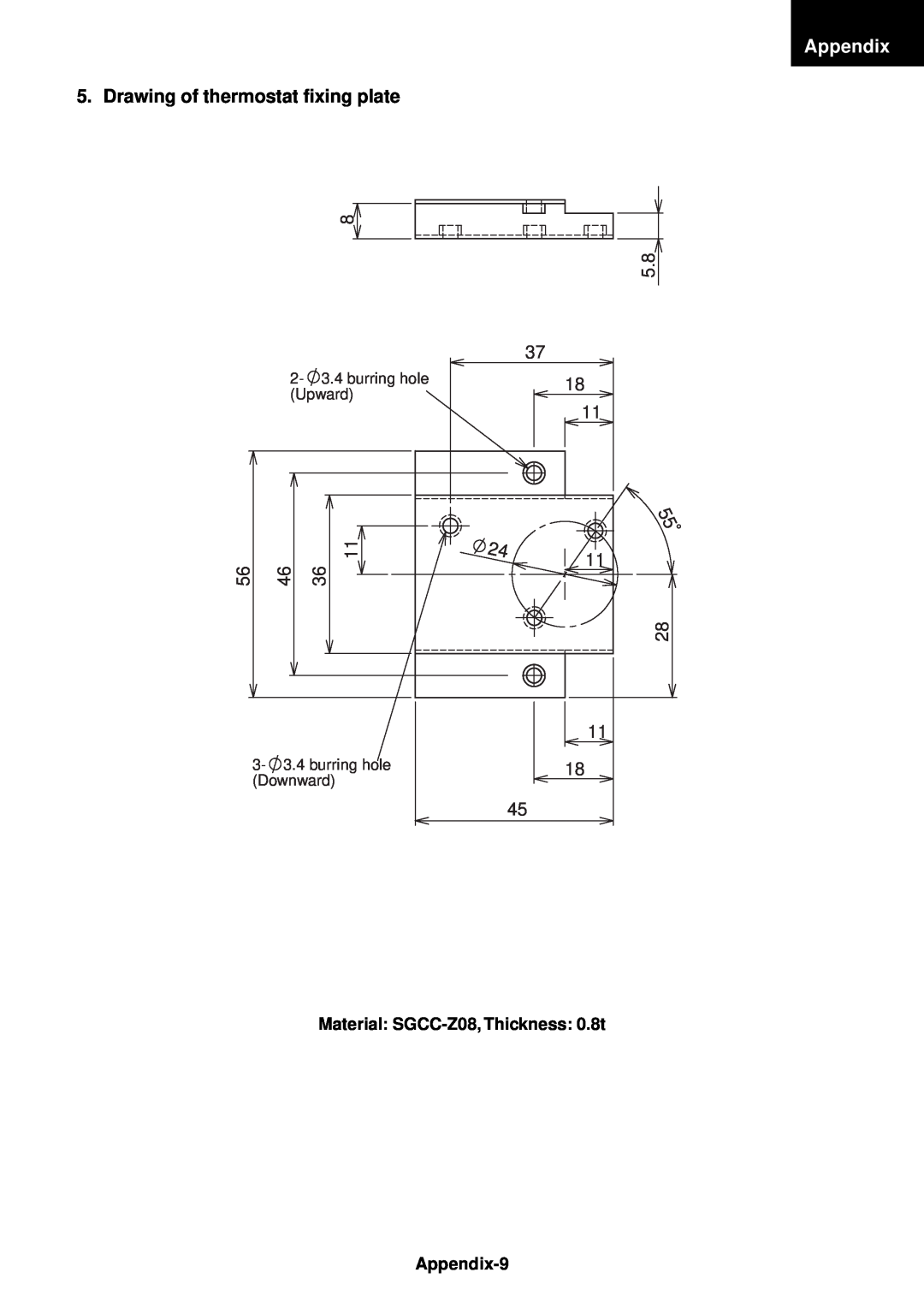 Toshiba RAS-B10EKVP-E Appendix, Drawing of thermostat fixing plate, 8 5.8, 11 28 11 18, Material: SGCC-Z08,Thickness: 0.8t 