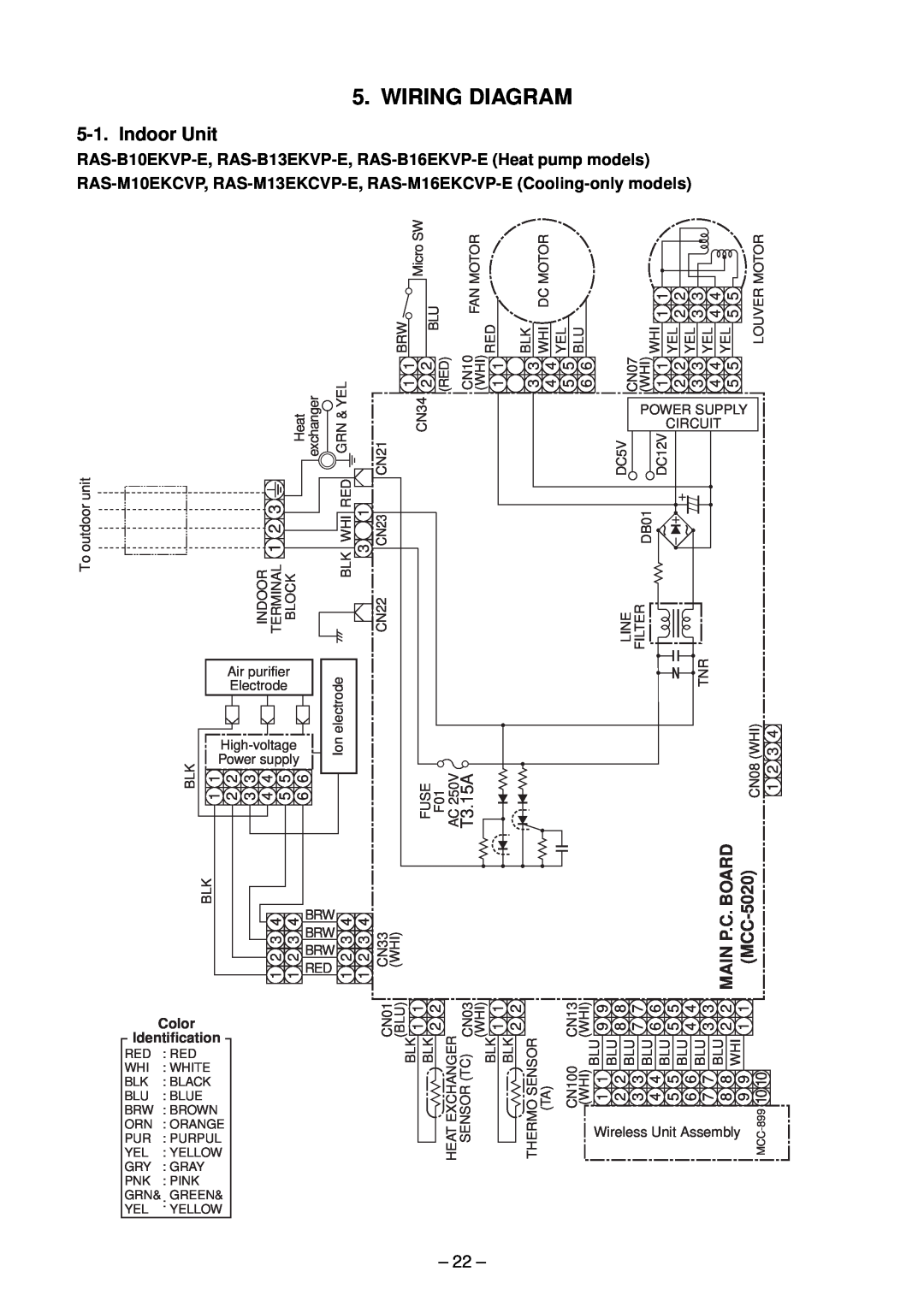 Toshiba RAS-M10EKCVP-E, RAS-M13EKCVP-E, RAS-M18EACV-E, RAS-M14EACV-E, RAS-M16EKCVP-E Wiring Diagram, Indoor Unit, T3.15A, 22 
