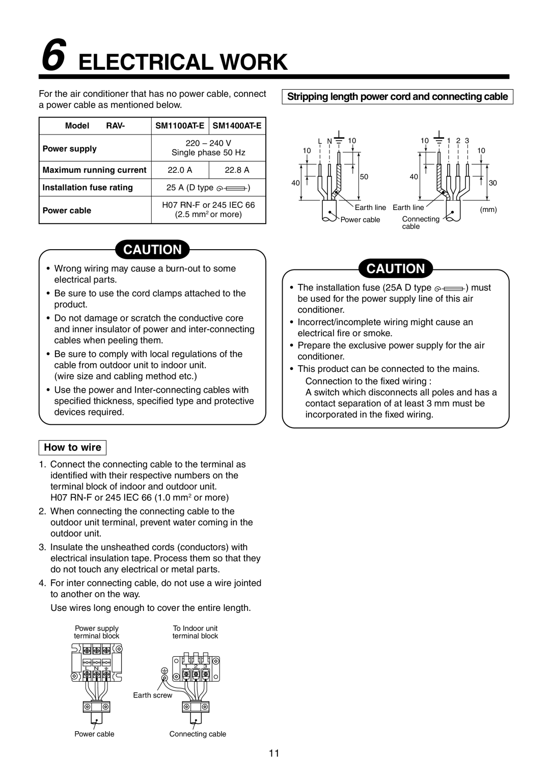 Toshiba RAV-SM1100UT-E Electrical Work, How to wire, Stripping length power cord and connecting cable, Single phase 50 Hz 