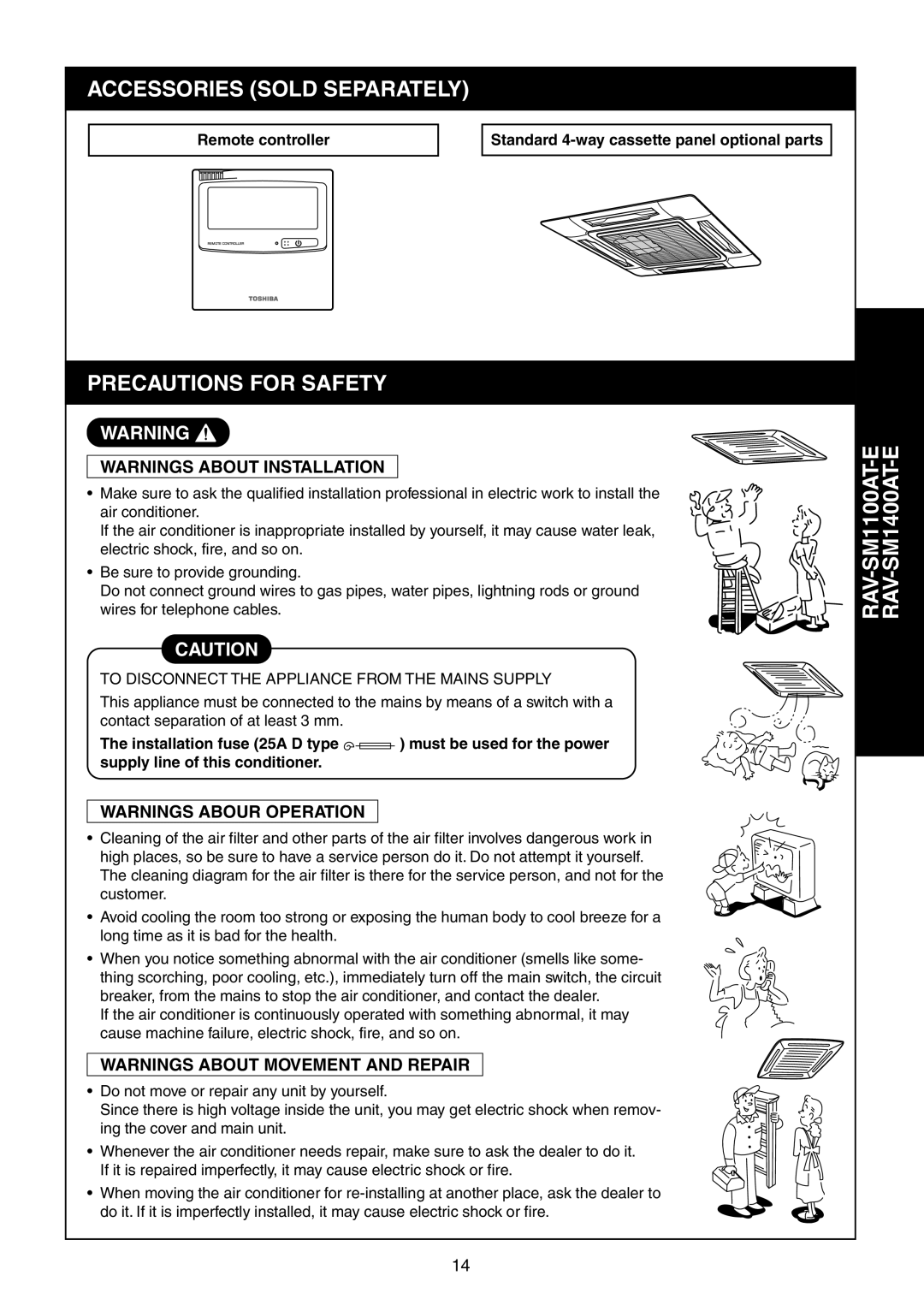 Toshiba RAV-SM1400UT-E, RAV-SM1100UT-E service manual Accessories Sold Separately, Precautions for Safety 