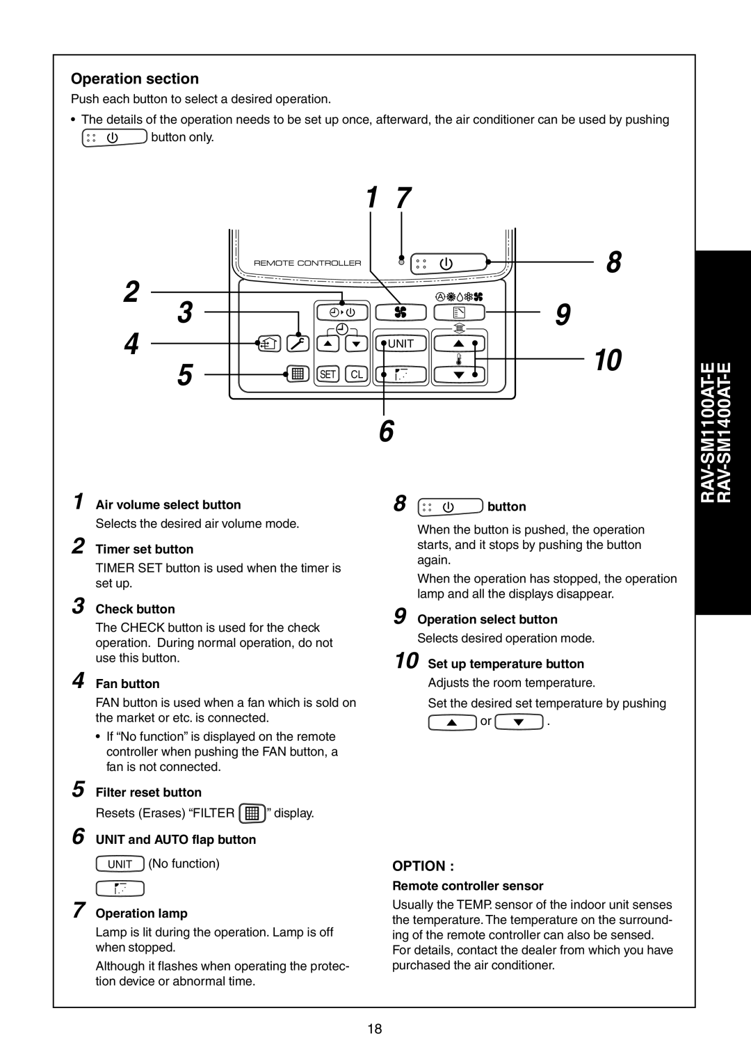 Toshiba RAV-SM1400UT-E, RAV-SM1100UT-E service manual Operation section 