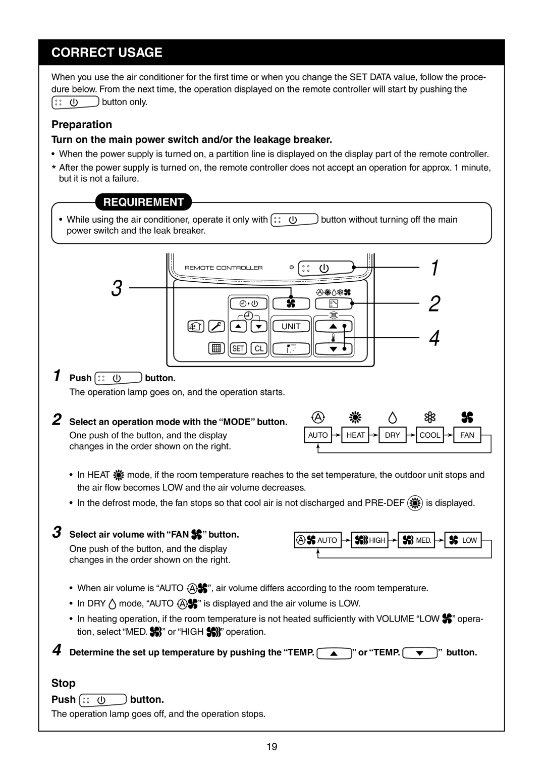 Toshiba RAV-SM1100UT-E Correct Usage, Preparation, Stop, Turn on the main power switch and/or the leakage breaker 