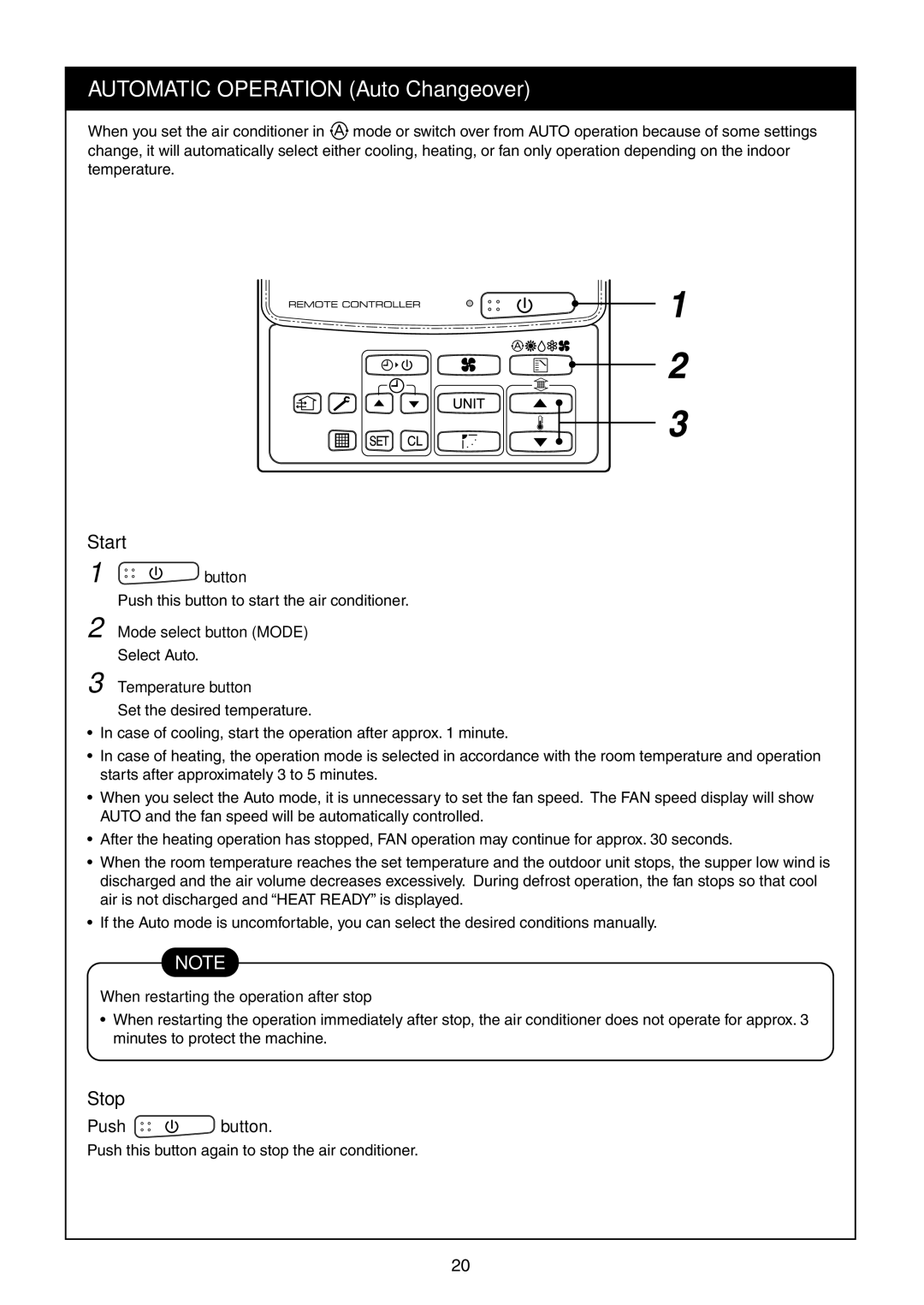 Toshiba RAV-SM1400UT-E Start, Mode select button Mode, Temperature button, When restarting the operation after stop 