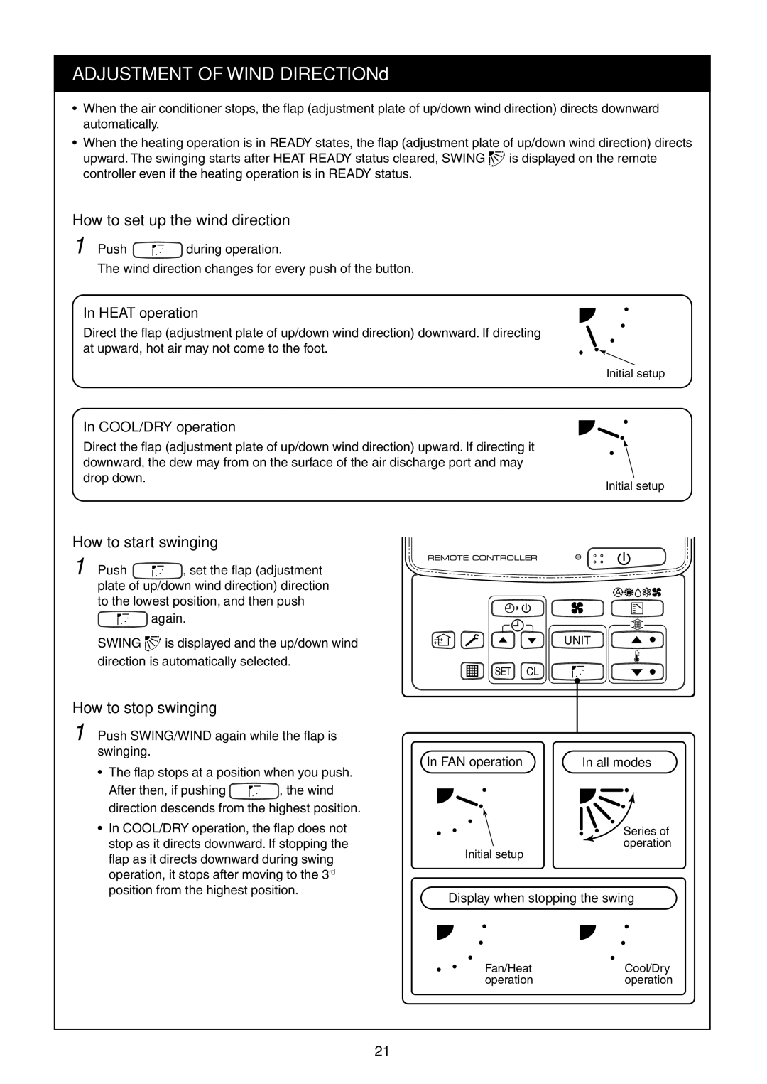 Toshiba RAV-SM1100UT-E How to set up the wind direction, How to start swinging, How to stop swinging, Heat operation 