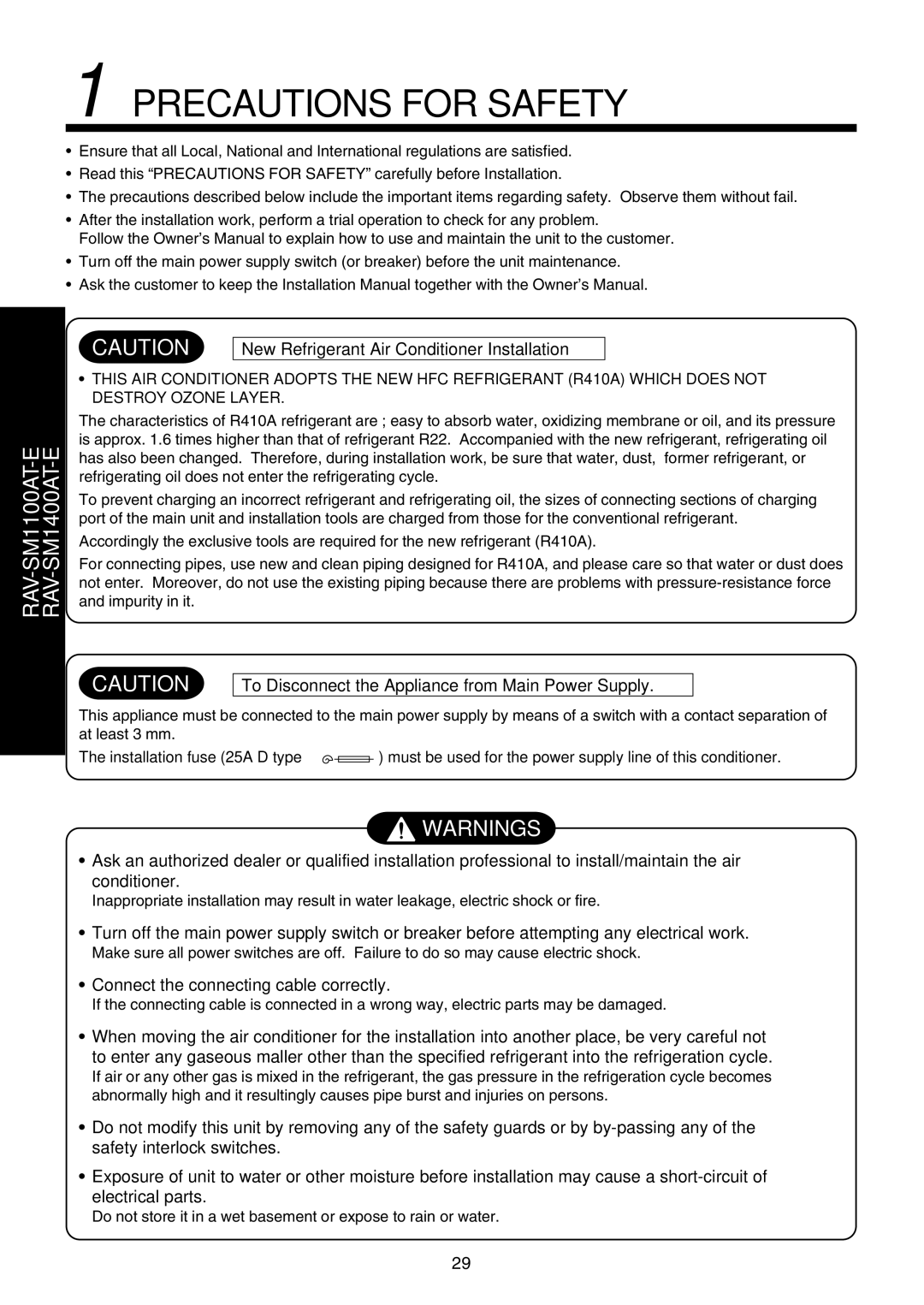 Toshiba RAV-SM1100UT-E, RAV-SM1400UT-E service manual Precautions for Safety 