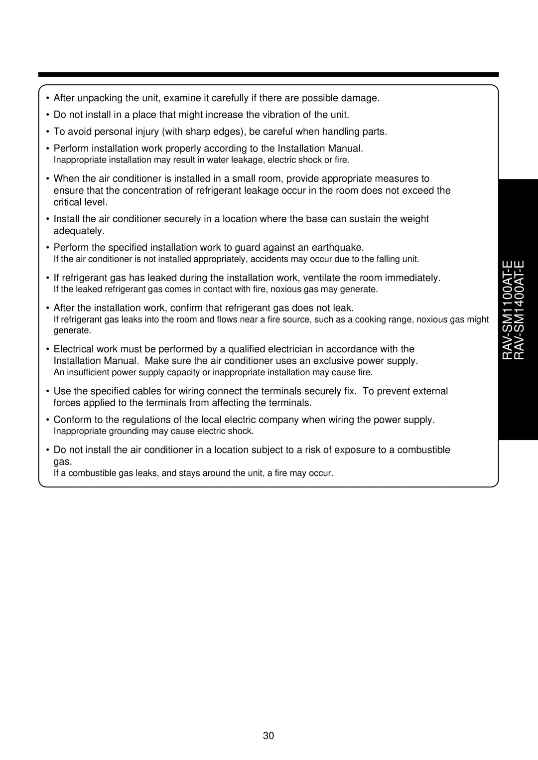 Toshiba RAV-SM1400UT-E, RAV-SM1100UT-E service manual Inappropriate grounding may cause electric shock 