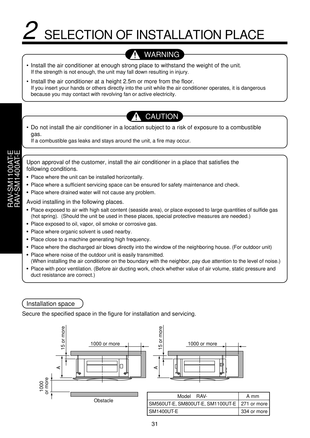 Toshiba RAV-SM1100UT-E Selection of Installation Place, Installation space, Avoid installing in the following places 