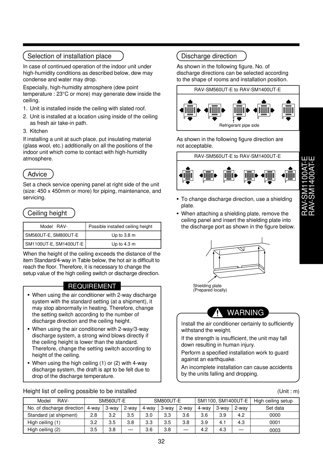 Toshiba RAV-SM1400UT-E, RAV-SM1100UT-E Selection of installation place Discharge direction, Advice, Ceiling height 