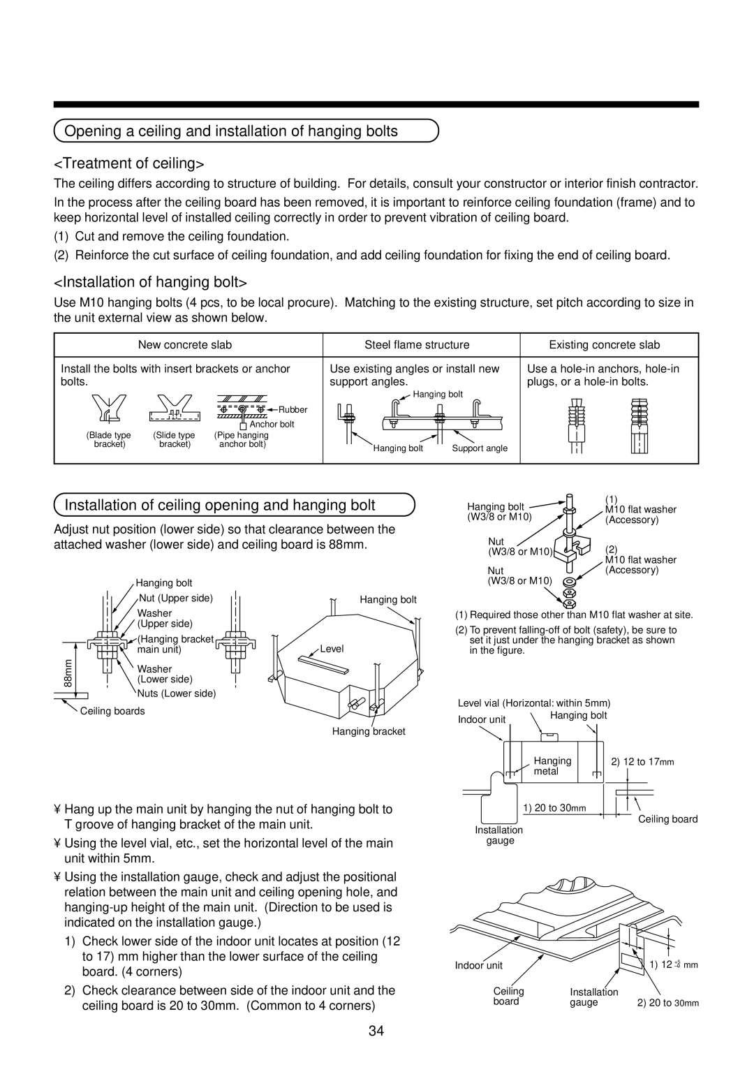 Toshiba RAV-SM1400UT-E, RAV-SM1100UT-E Installation of hanging bolt, Installation of ceiling opening and hanging bolt 