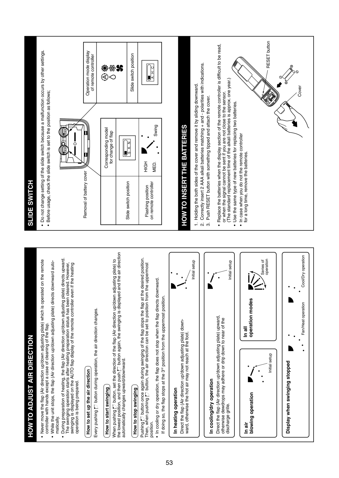 Toshiba RAV-SM1100UT-E, RAV-SM1400UT-E service manual HOW to Adjust AIR Direction, Slide Switch, HOW to Insert the Batteries 