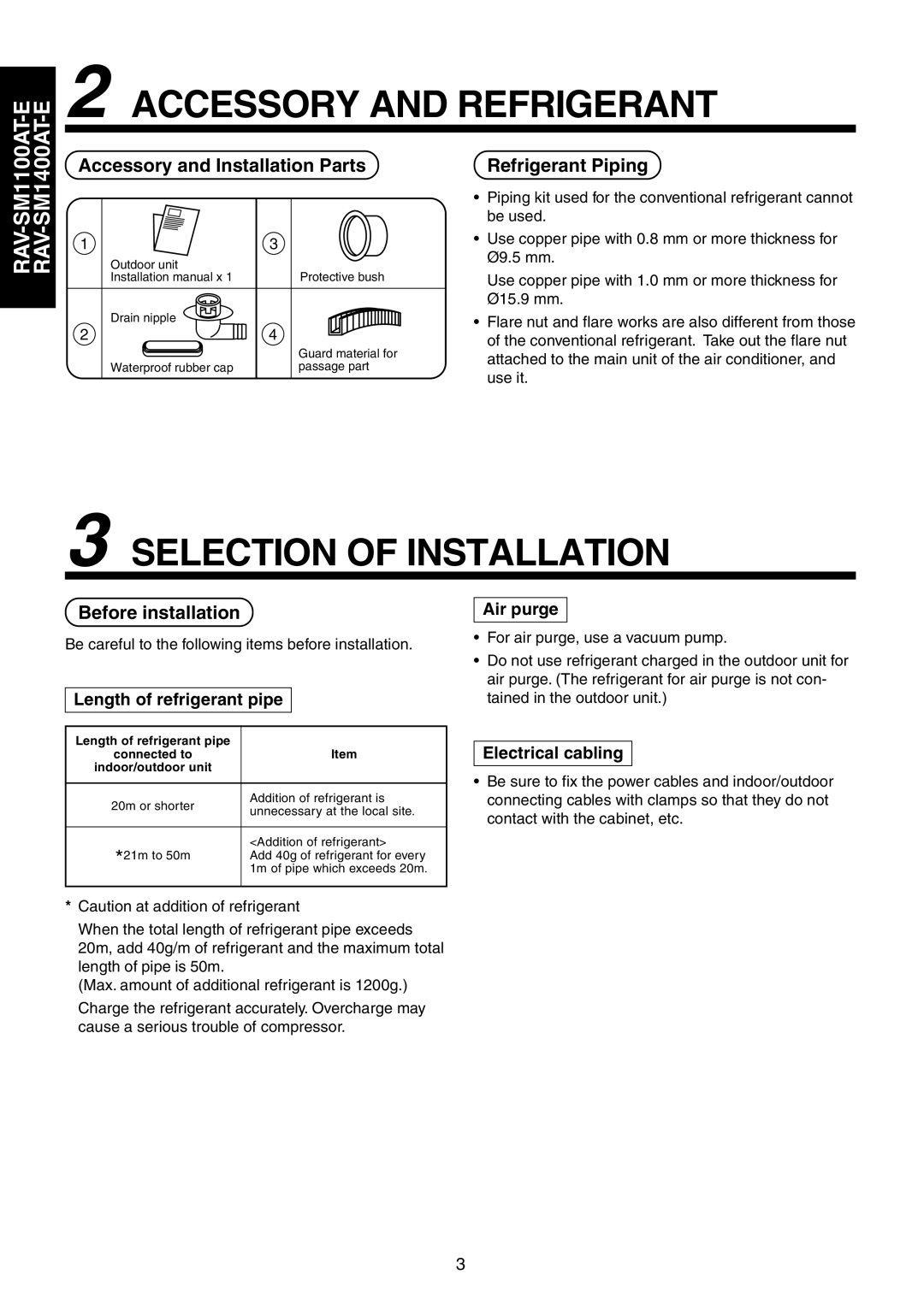 Toshiba RAV-SM1100UT-E Accessory and Refrigerant, Selection of Installation, Accessory and Installation Parts 