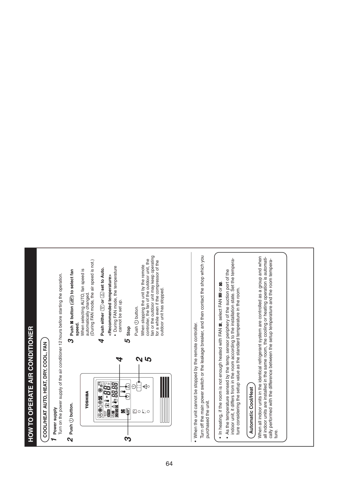 Toshiba RAV-SM1400UT-E HOW to Operate AIR Conditioner, Power supply, Push button Push button to select fan speed 