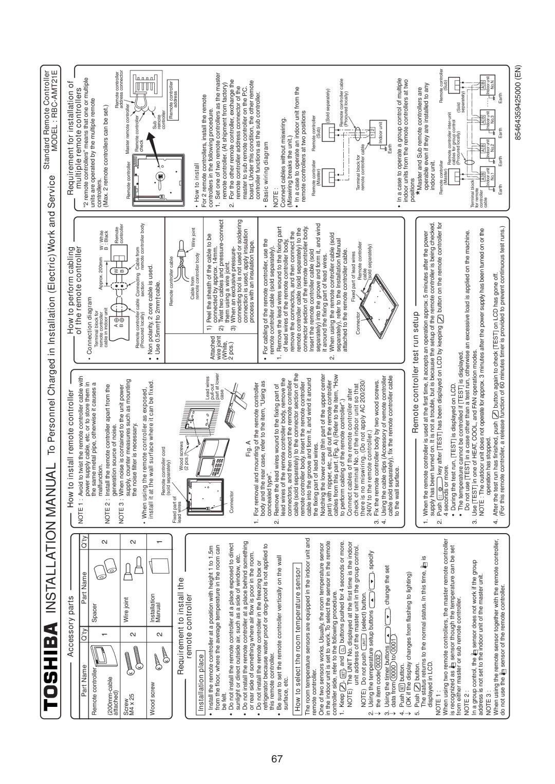 Toshiba RAV-SM1100UT-E Accessory parts, How to install remote controller, Requirement to install Remote controller 