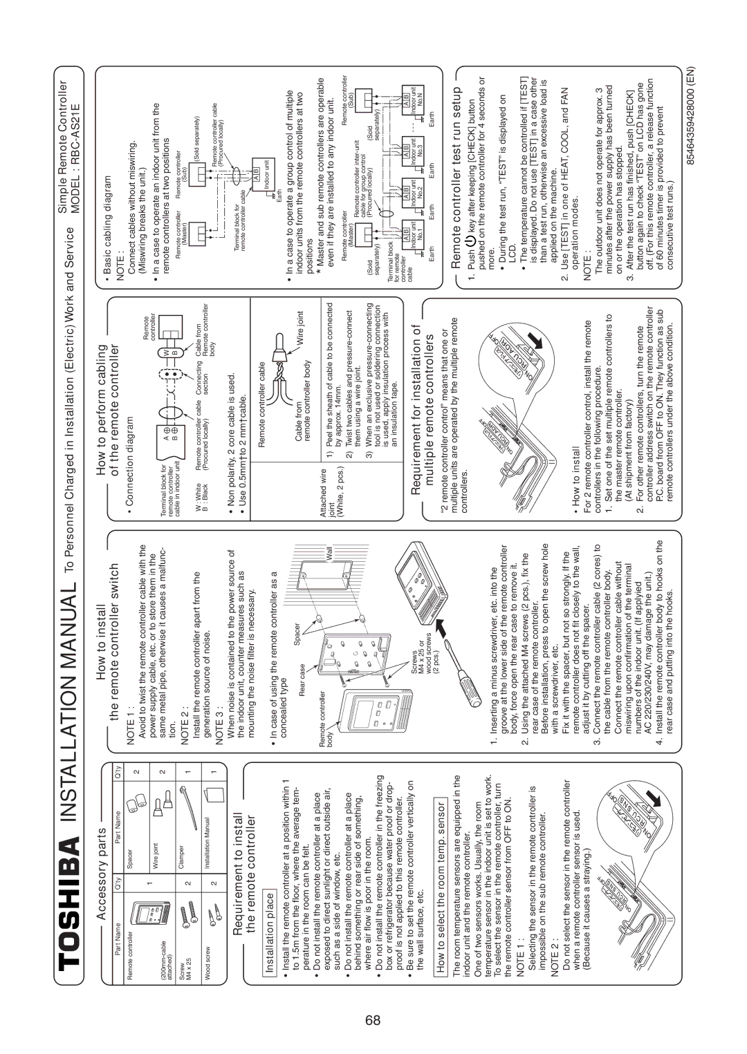 Toshiba RAV-SM1400UT-E Accessory parts, Requirement for installation Multiple remote controllers, Installation place 