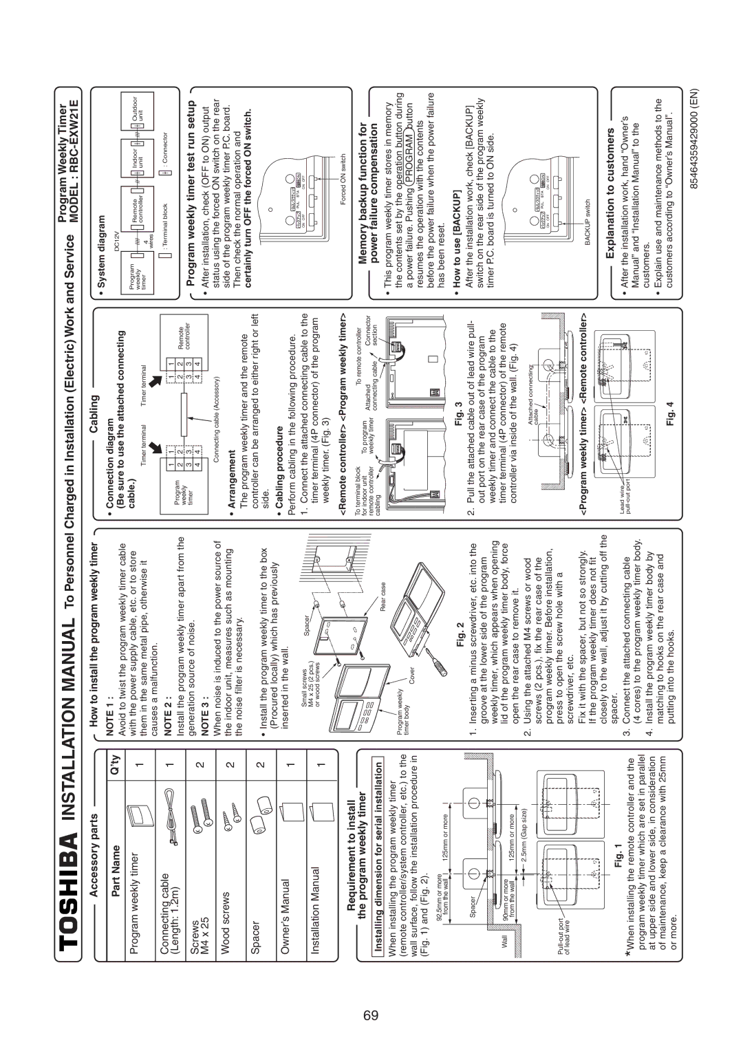 Toshiba RAV-SM1100UT-E, RAV-SM1400UT-E Accessory parts Part Name ’ty, How to install the program weekly timer, Cabling 