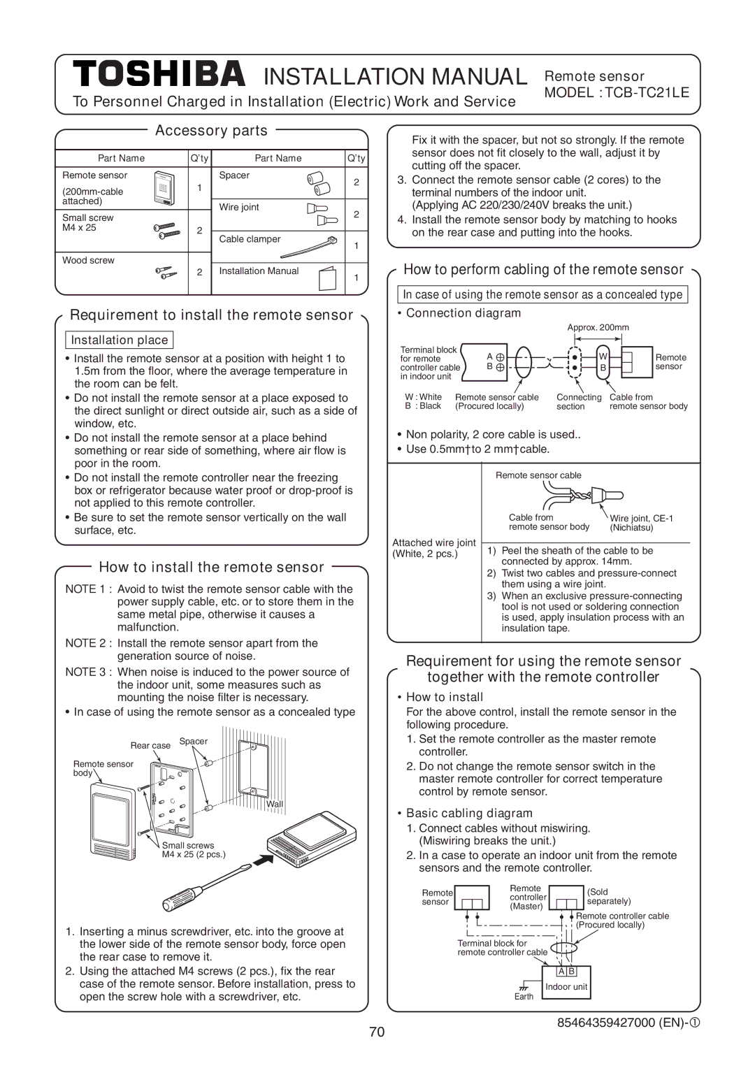 Toshiba RAV-SM1400UT-E Accessory parts, Requirement to install the remote sensor, How to install the remote sensor 