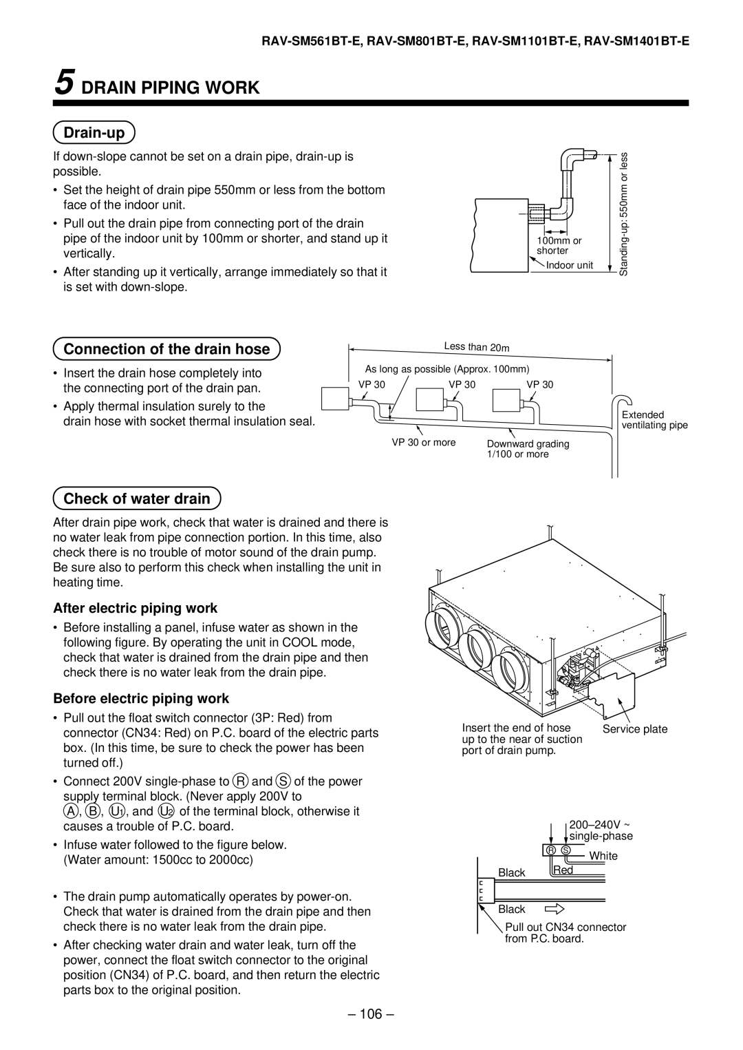 Toshiba RAV-SM801AT-E Drain-up, Connection of the drain hose, Check of water drain, After electric piping work 