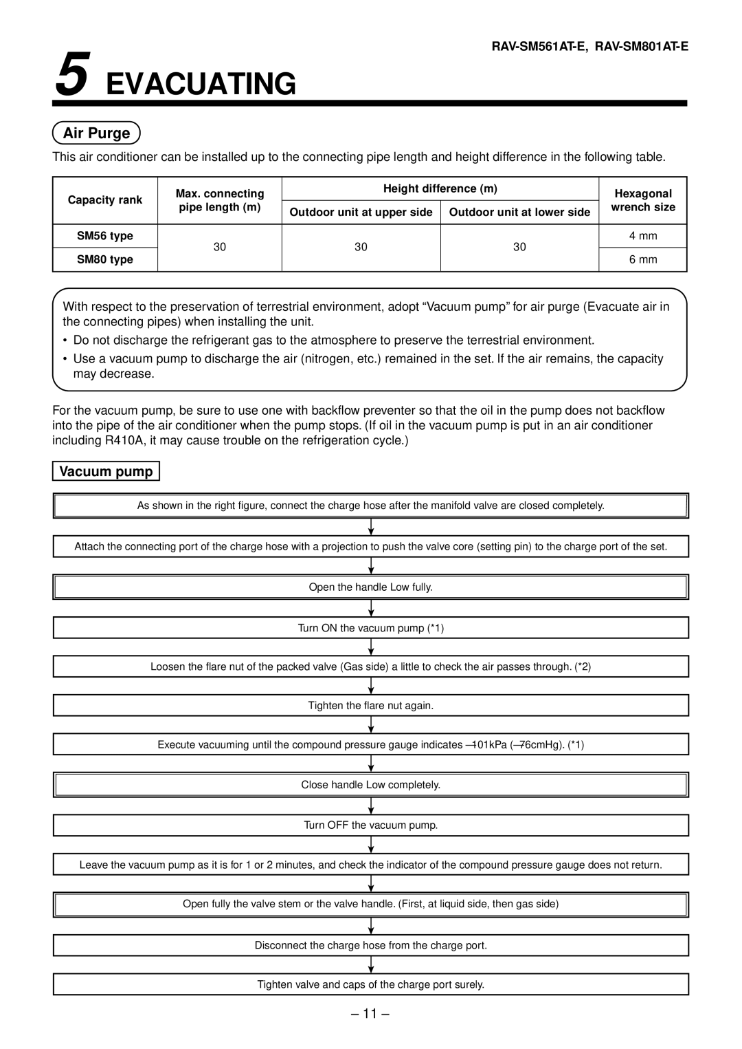 Toshiba RAV-SM561AT-E, RAV-SM1101AT-E, RAV-SM1401AT-E, RAV-SM801AT-E installation manual Evacuating, Air Purge, Vacuum pump 