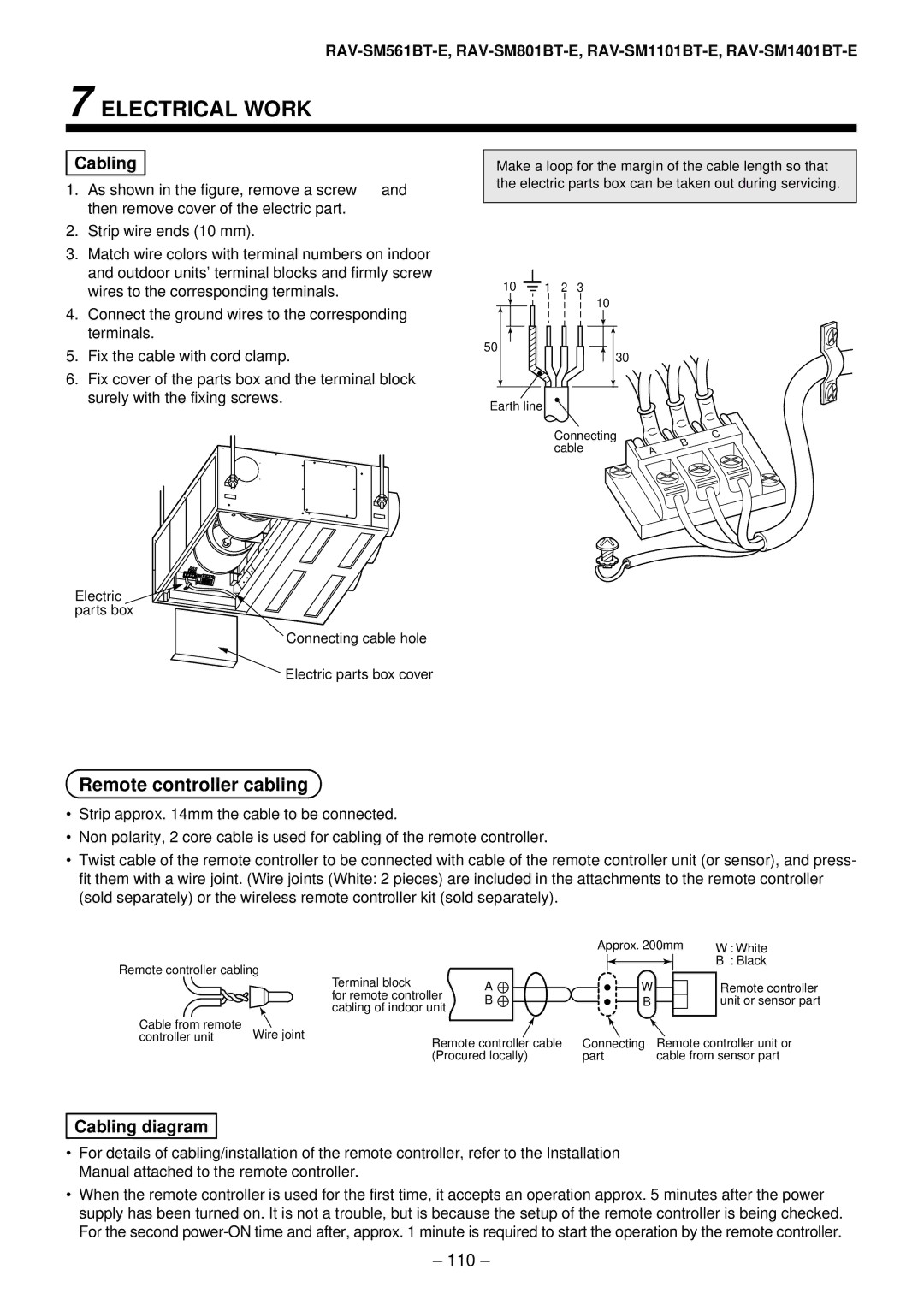 Toshiba RAV-SM801AT-E, RAV-SM1101AT-E, RAV-SM1401AT-E, RAV-SM561AT-E installation manual Remote controller cabling, Cabling 