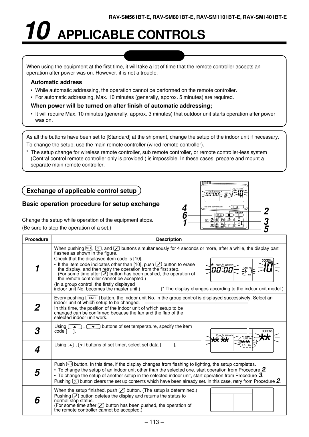 Toshiba RAV-SM1401AT-E, RAV-SM1101AT-E, RAV-SM801AT-E, RAV-SM561AT-E Applicable Controls, Automatic address 