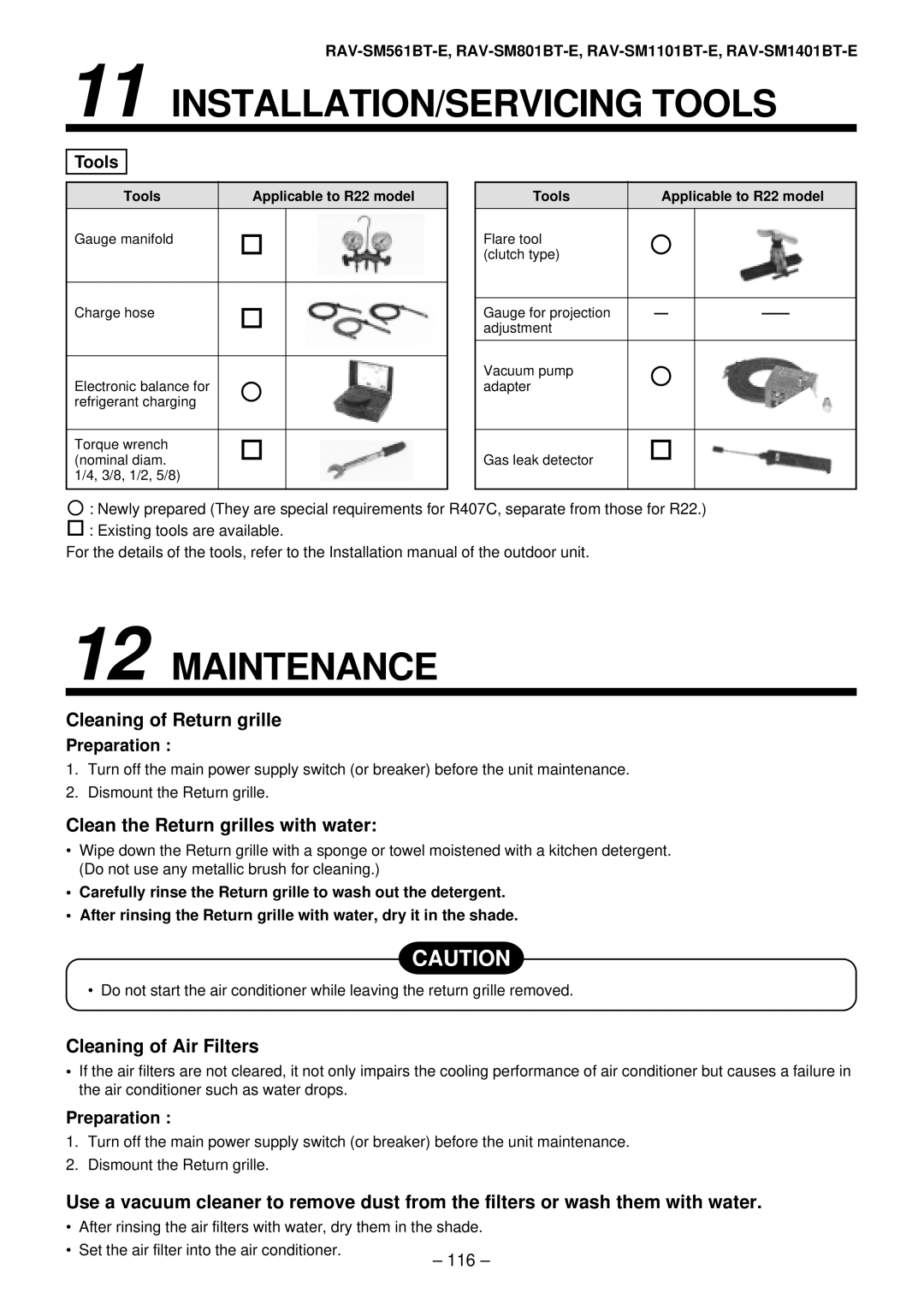 Toshiba RAV-SM1101AT-E INSTALLATION/SERVICING Tools, Cleaning of Return grille, Clean the Return grilles with water 