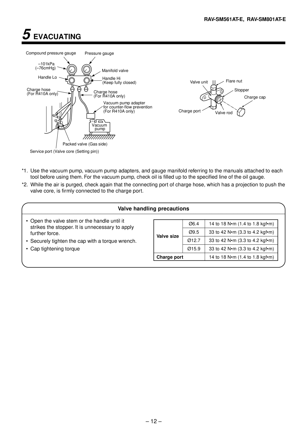 Toshiba RAV-SM1101AT-E, RAV-SM1401AT-E, RAV-SM801AT-E, RAV-SM561AT-E installation manual Valve size, Charge port 