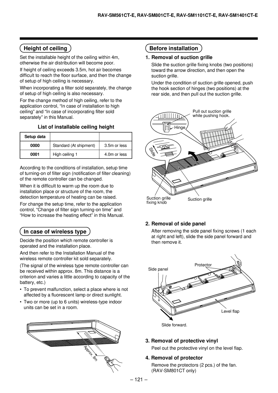 Toshiba RAV-SM1401AT-E, RAV-SM1101AT-E, RAV-SM801AT-E, RAV-SM561AT-E Height of ceiling, Case of wireless type 