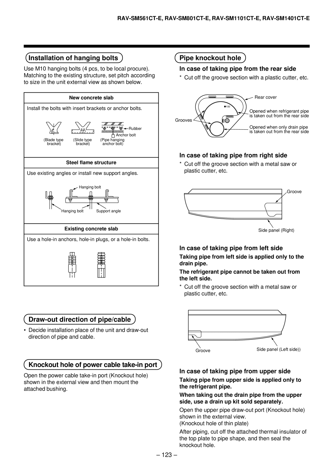 Toshiba RAV-SM561AT-E, RAV-SM1101AT-E Installation of hanging bolts, Pipe knockout hole, Draw-out direction of pipe/cable 