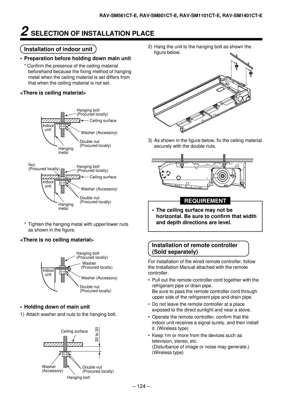 Toshiba RAV-SM1101AT-E, RAV-SM1401AT-E, RAV-SM801AT-E, RAV-SM561AT-E installation manual Installation of indoor unit 