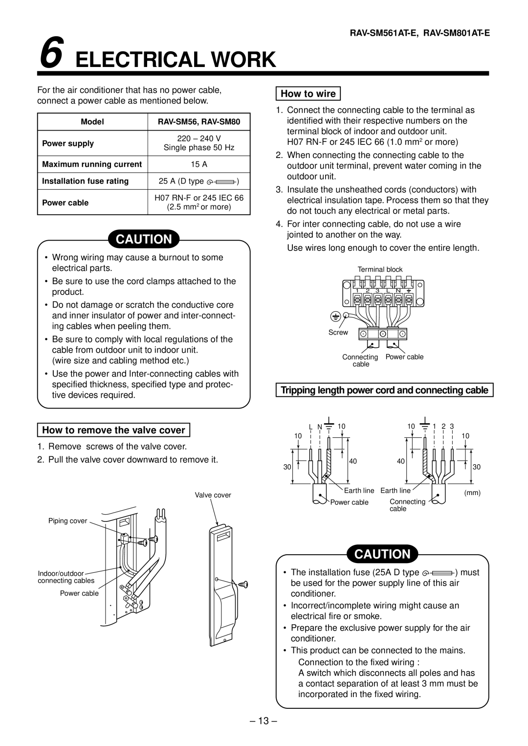 Toshiba RAV-SM1401AT-E, RAV-SM1101AT-E, RAV-SM801AT-E Electrical Work, How to remove the valve cover, How to wire, Model 