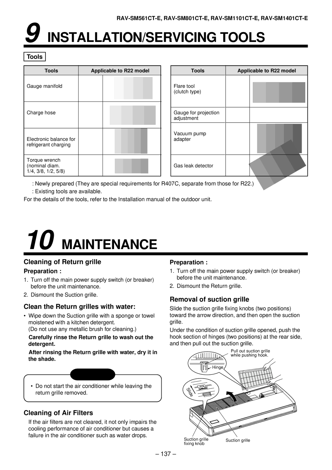 Toshiba RAV-SM1401AT-E, RAV-SM1101AT-E, RAV-SM801AT-E, RAV-SM561AT-E installation manual Removal of suction grille, Tools 